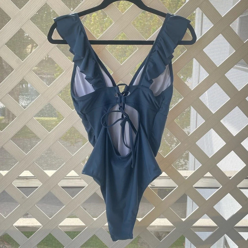 Cupshe Ruffled V-Neck & Lace-Up Back Swimsuit - Picture 5 of 14